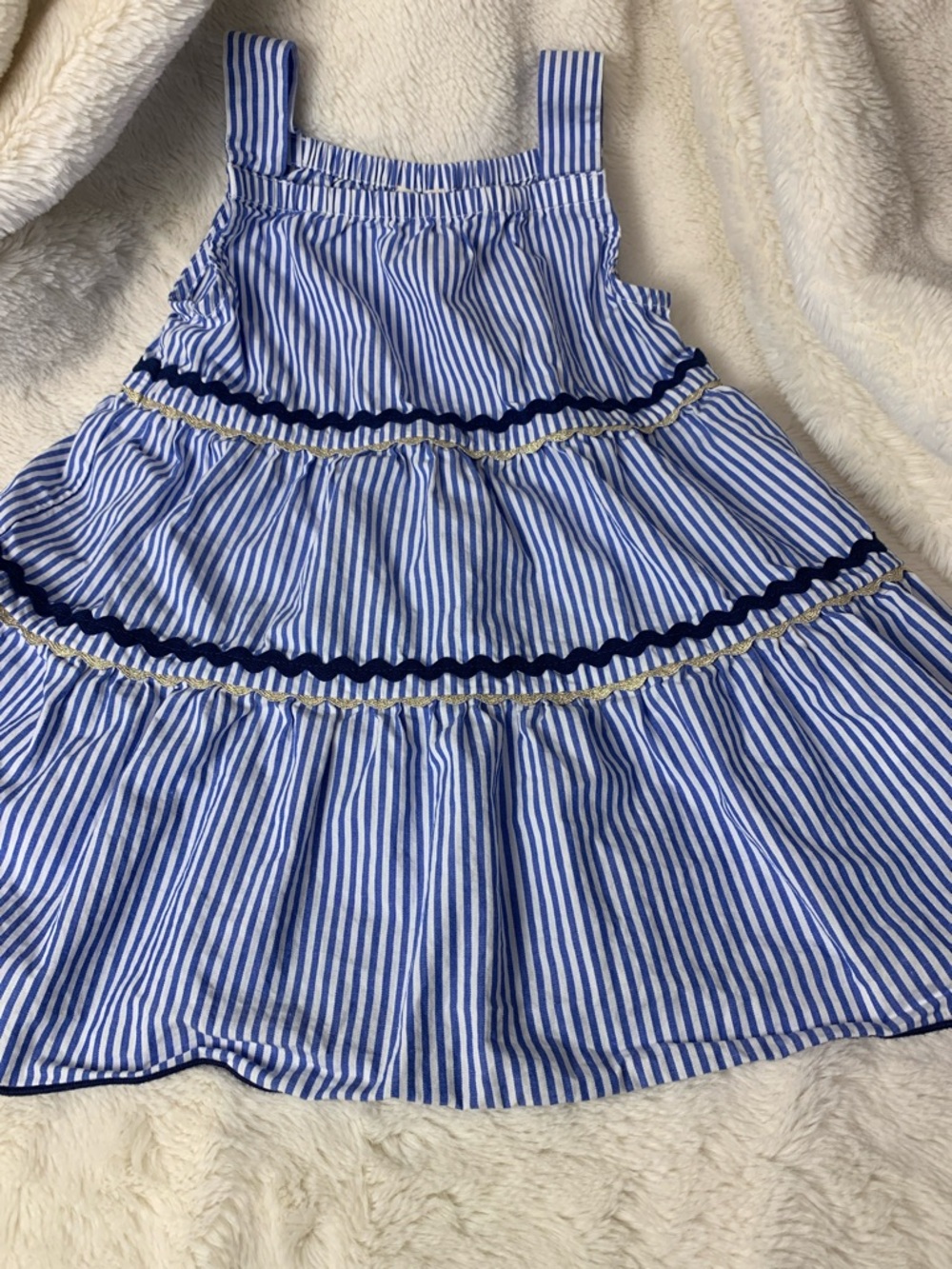 Crewcuts Blue and White Striped Tiered Dress with Navy Trim